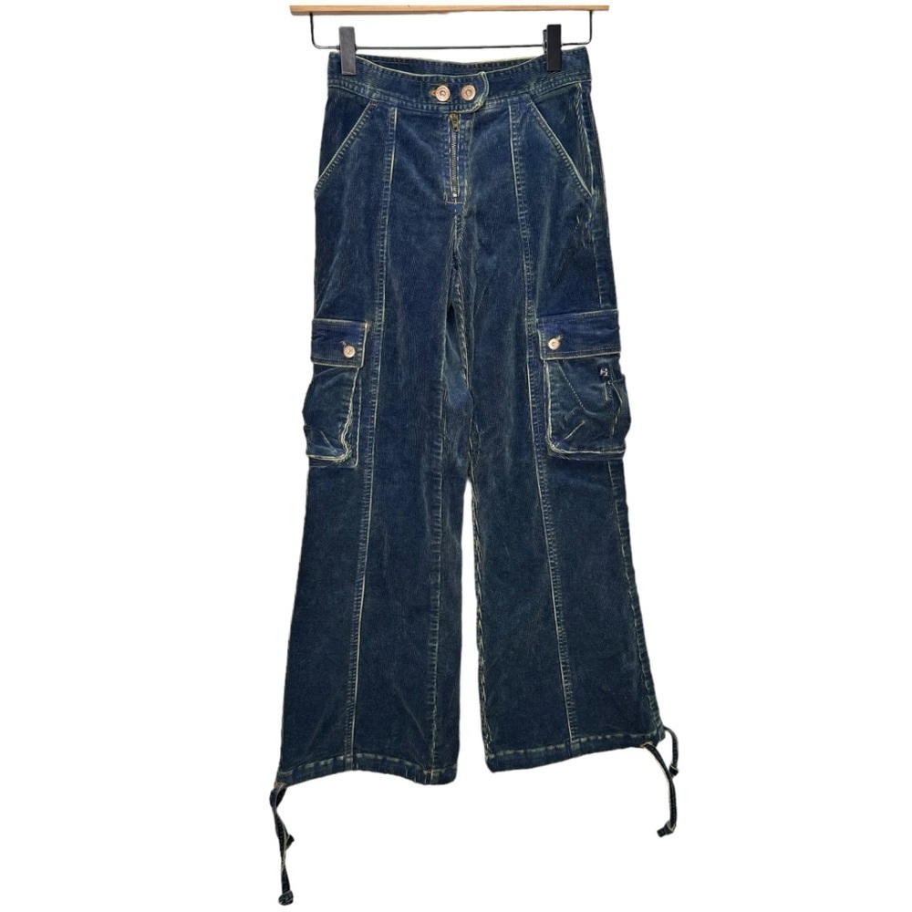 Vintage Hollywood Jeans Blue Corduroy Cargo Wide Leg Flare Size 10
